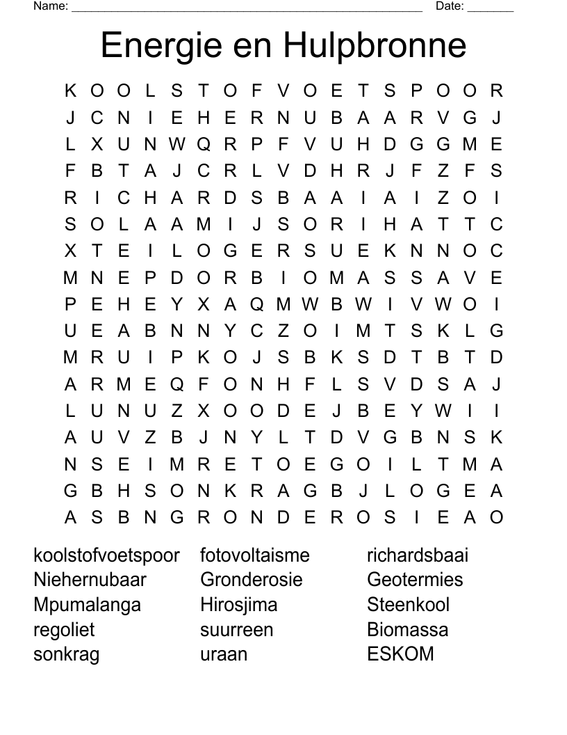 Energie en Hulpbronne Word Search