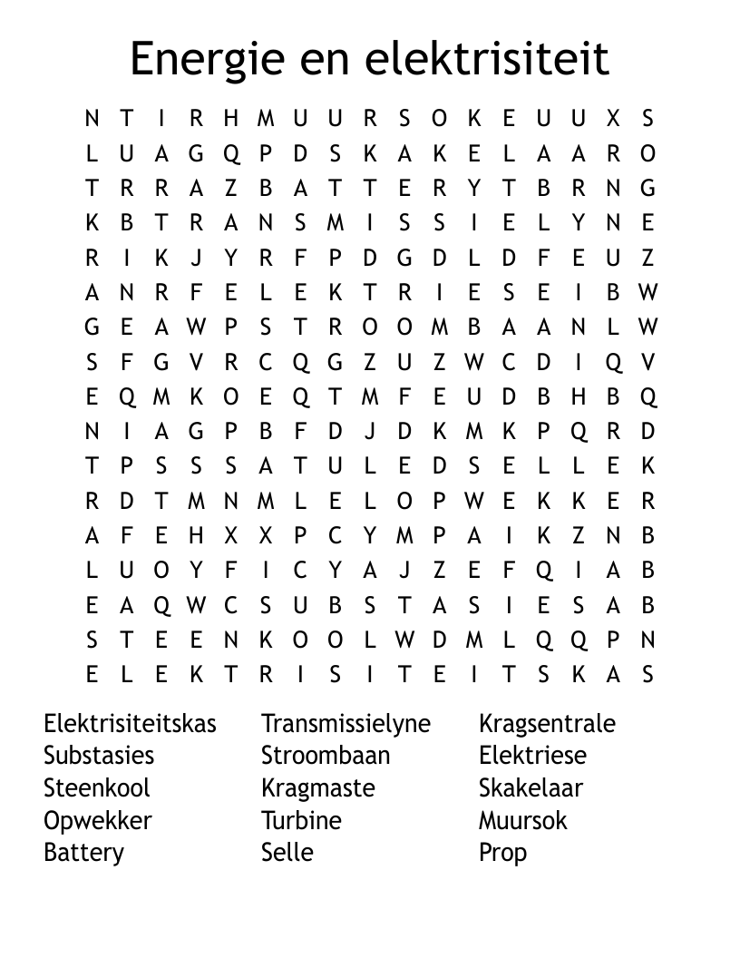 Energie en elektrisiteit Word Search