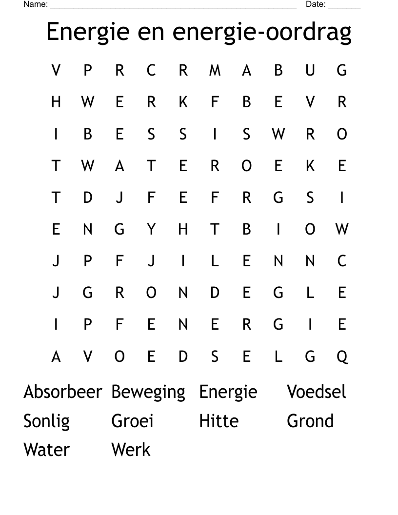 Energie en energie-oordrag Word Search