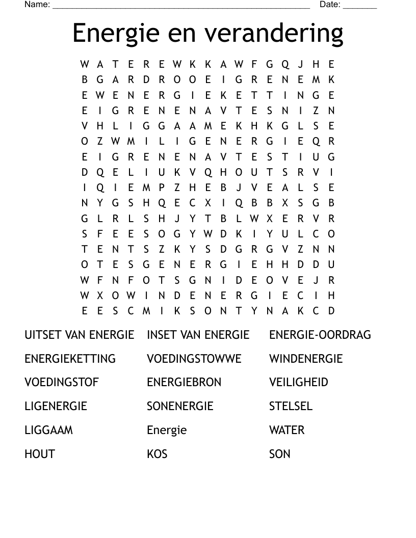 Energie en verandering Word Search