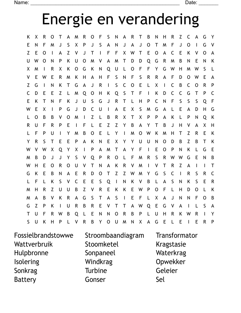 Energie en verandering Word Search