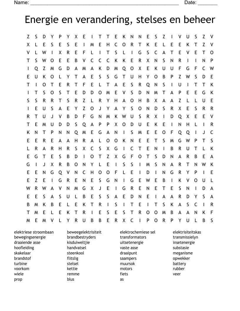 Energie en verandering, stelses en beheer Word Search