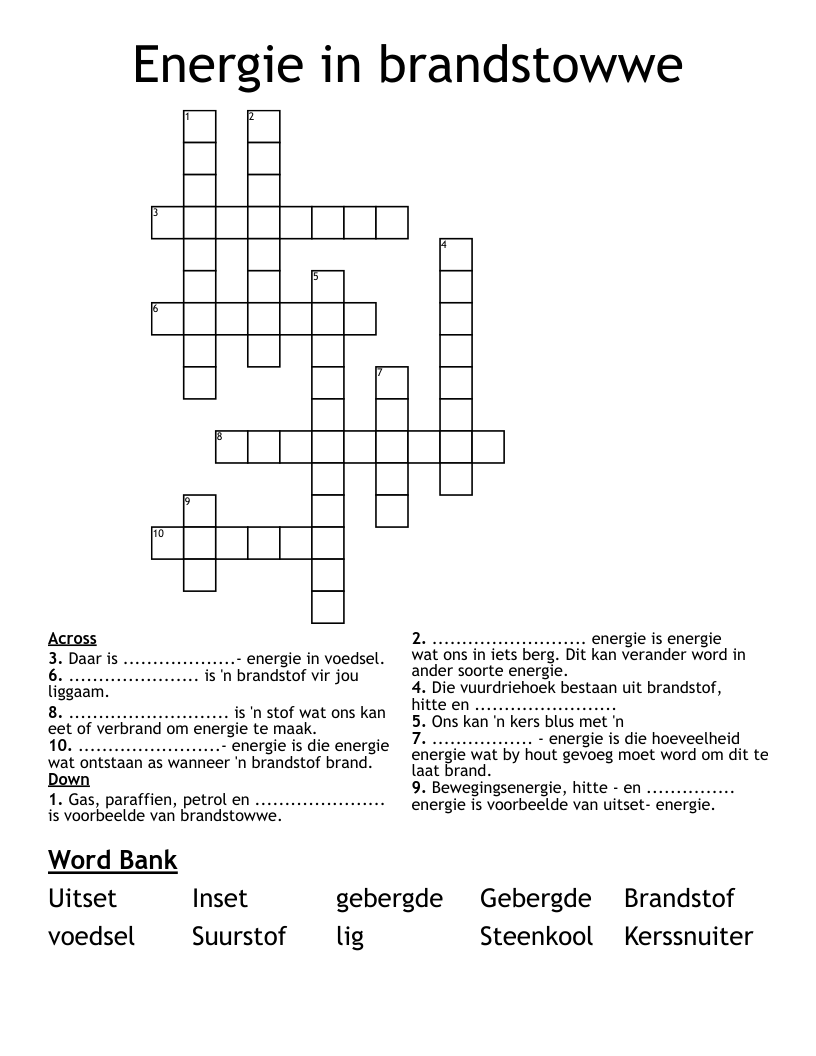 Energie in brandstowwe Crossword