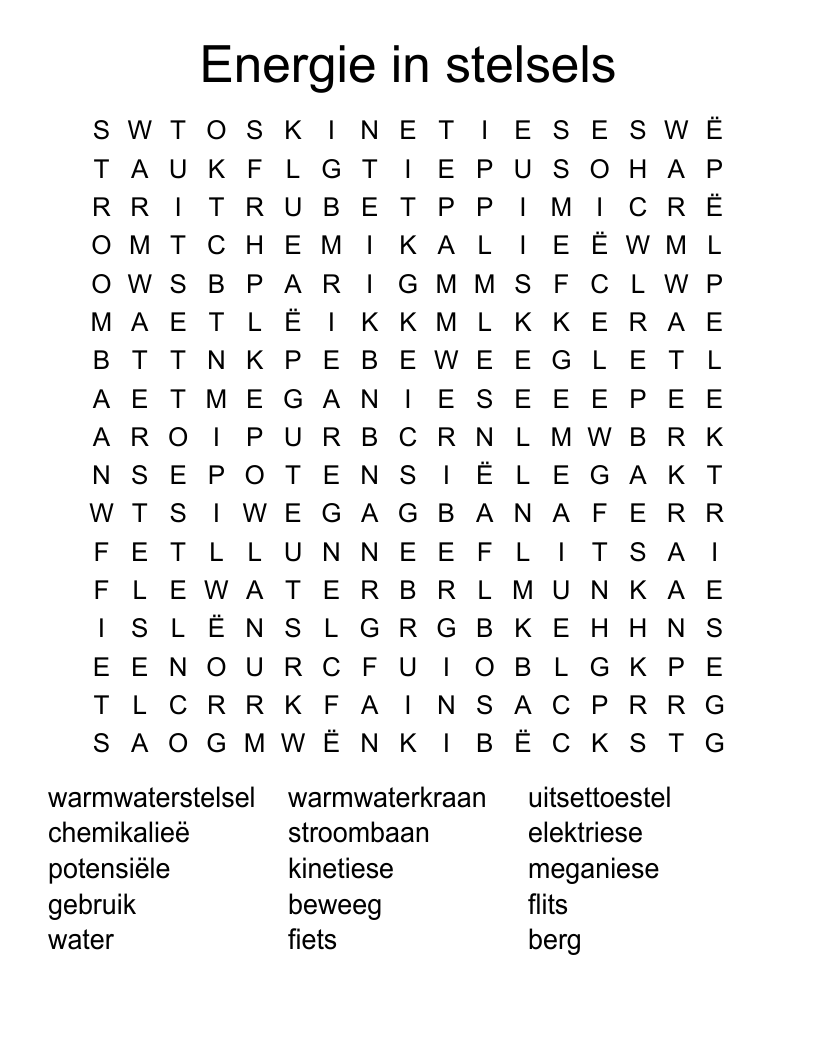 Energie in stelsels Word Search