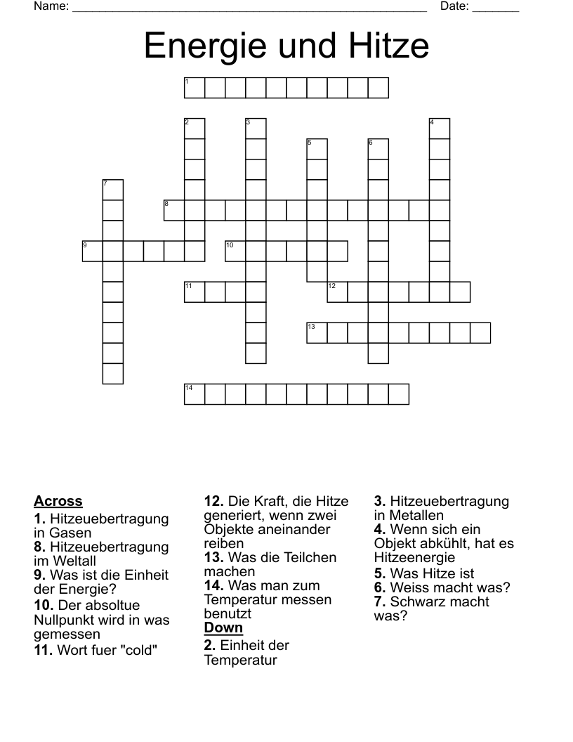 Energie und Hitze Crossword