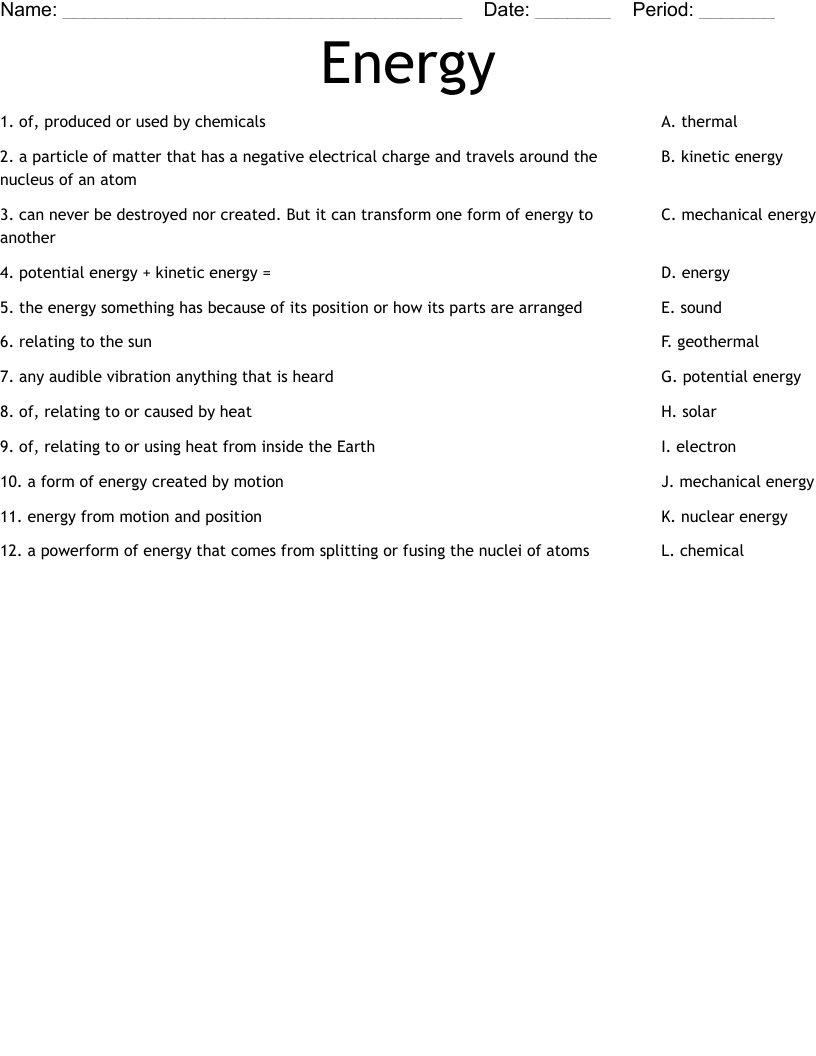 Energy Worksheet