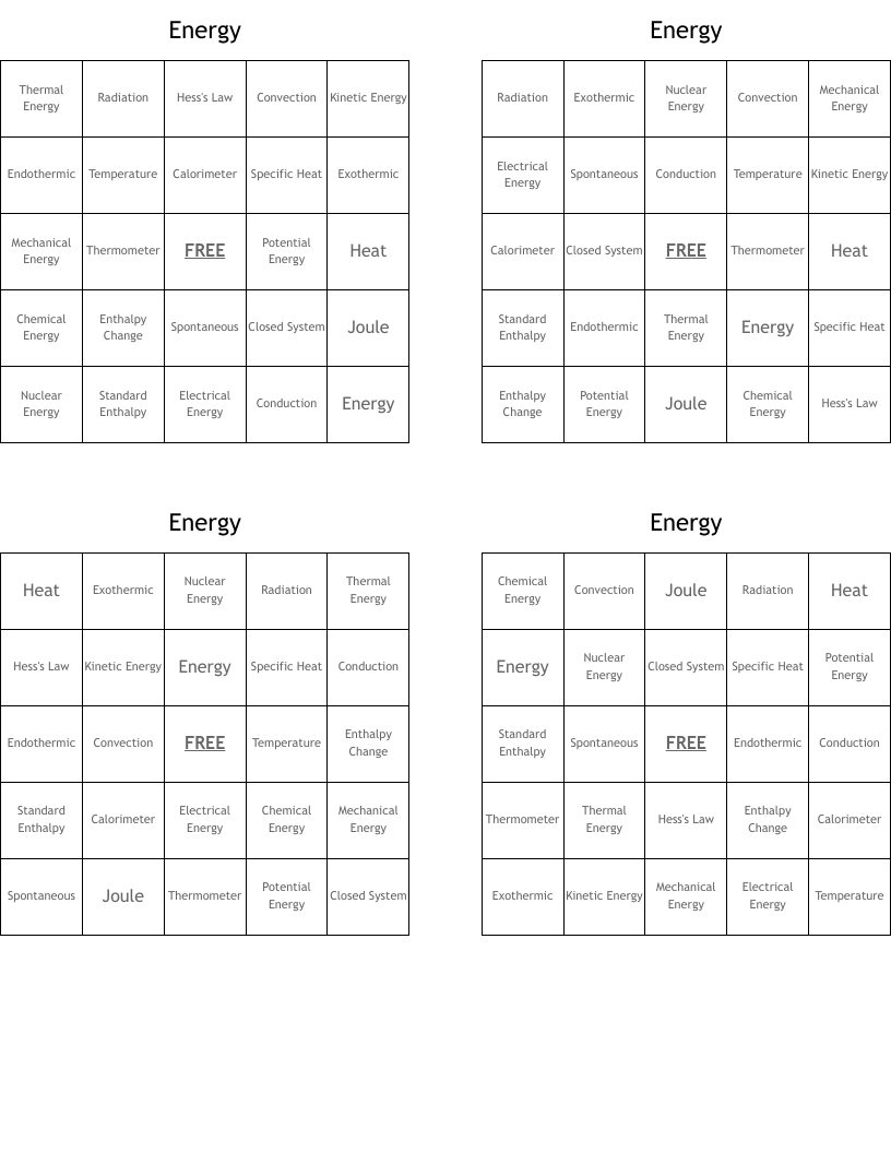 Energy Bingo Cards