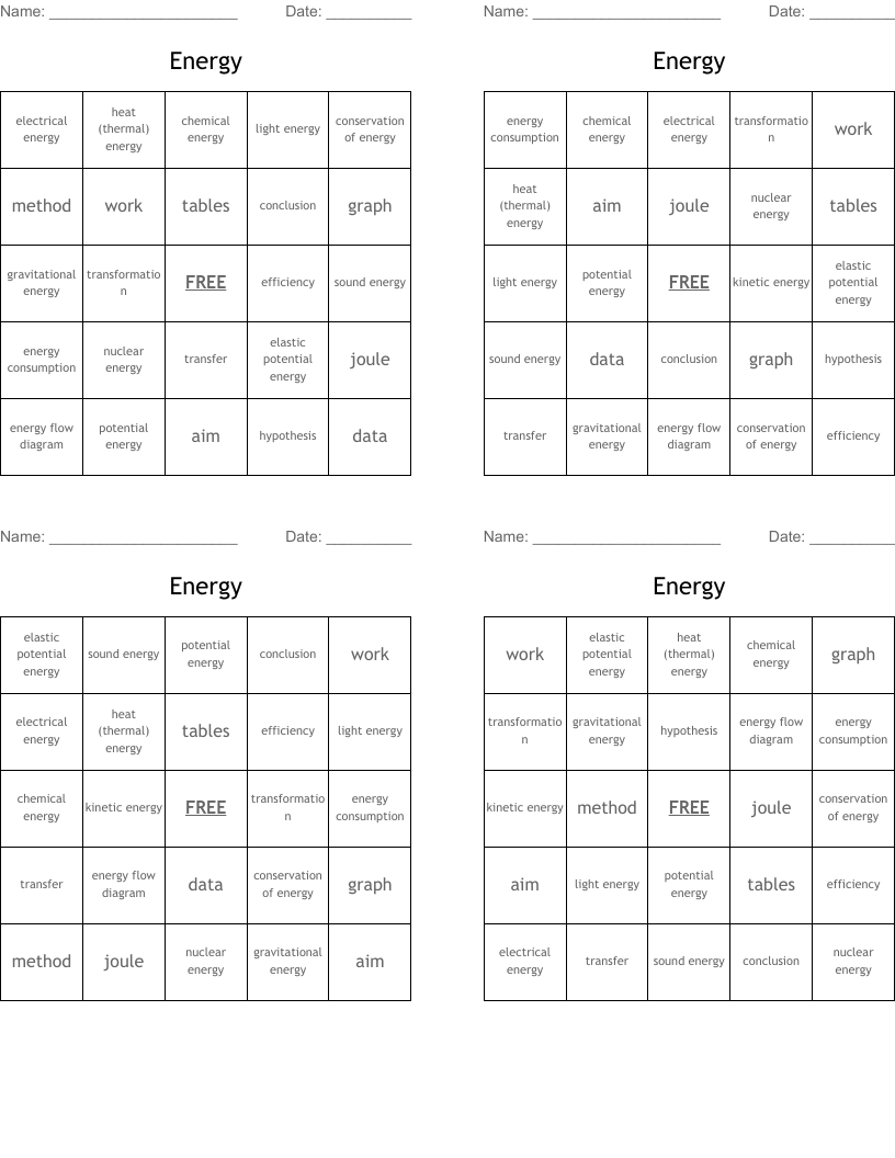 Energy Bingo Cards