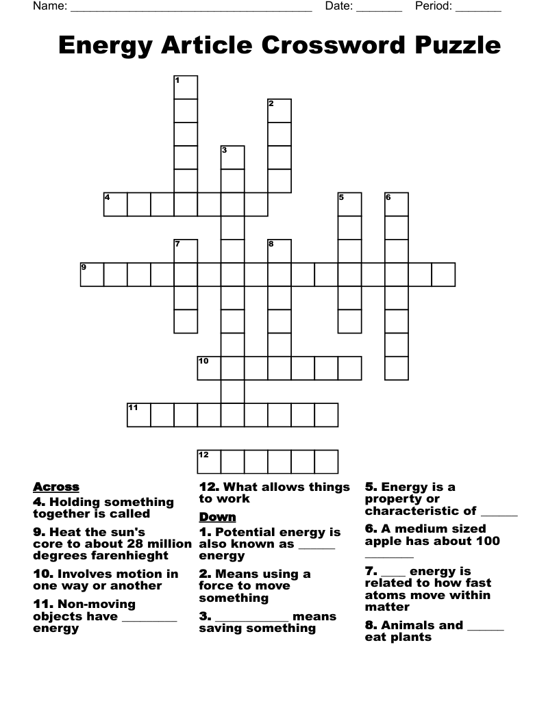 Energy Article Crossword Puzzle