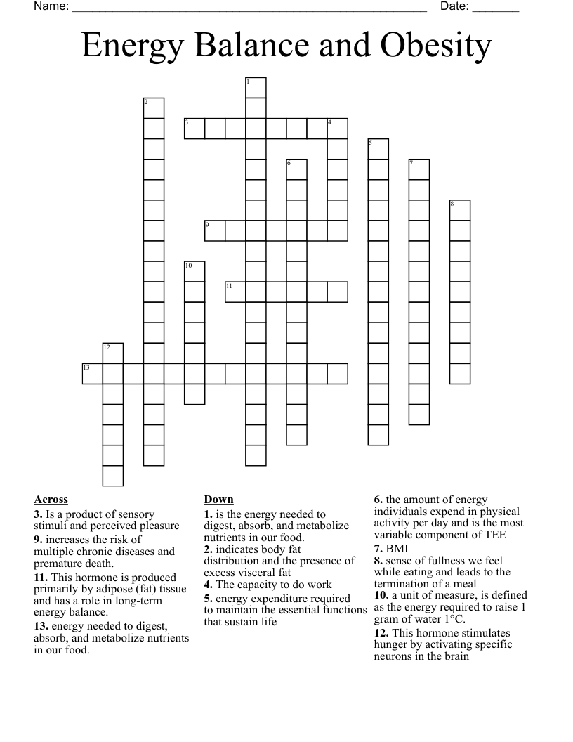 Energy Balance and Obesity  Crossword