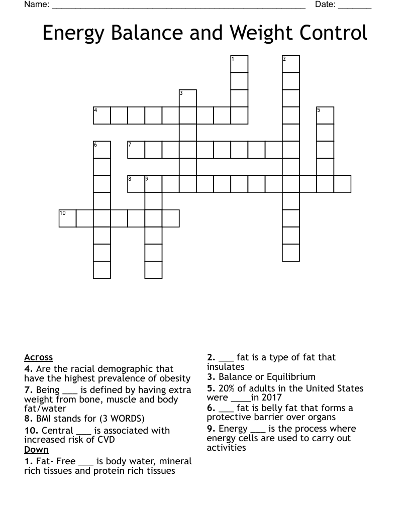 Energy Balance and Weight Control Crossword