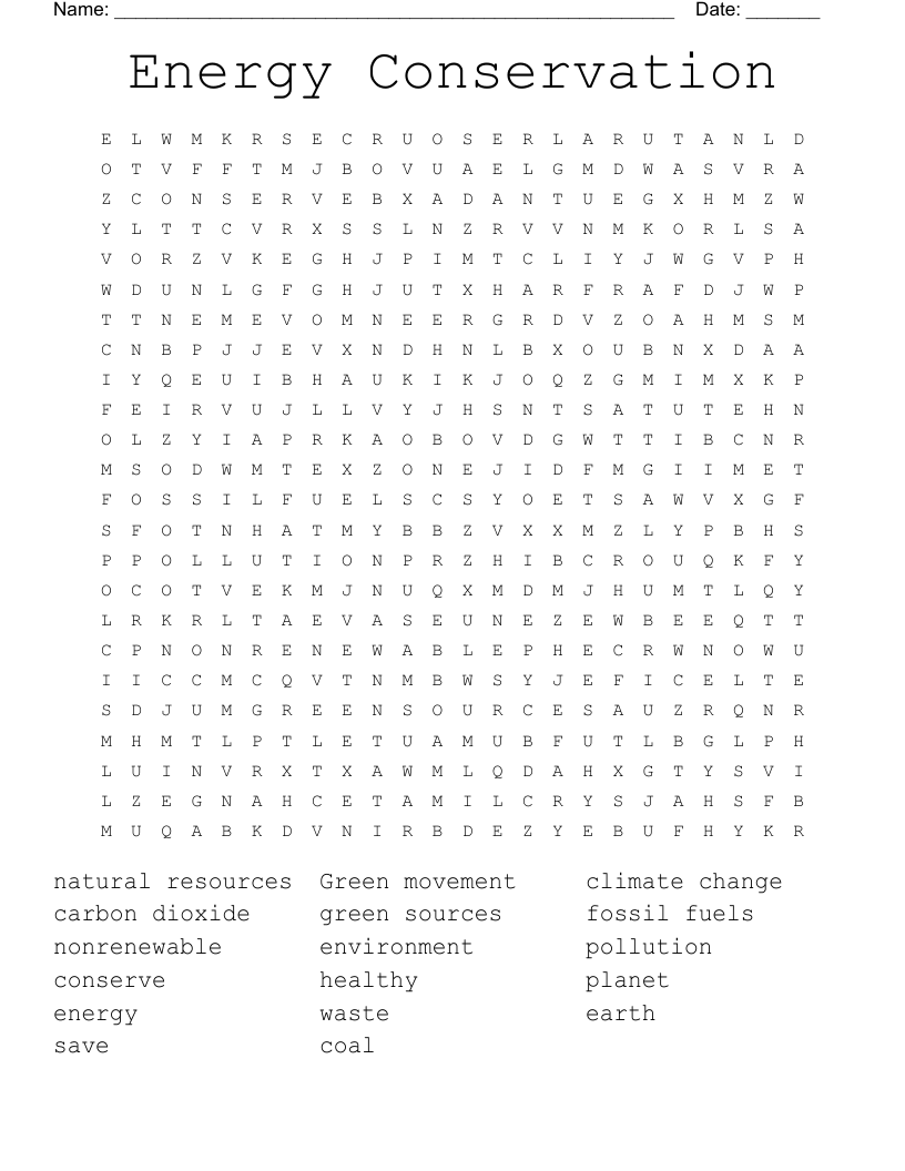 Energy Conservation Word Search