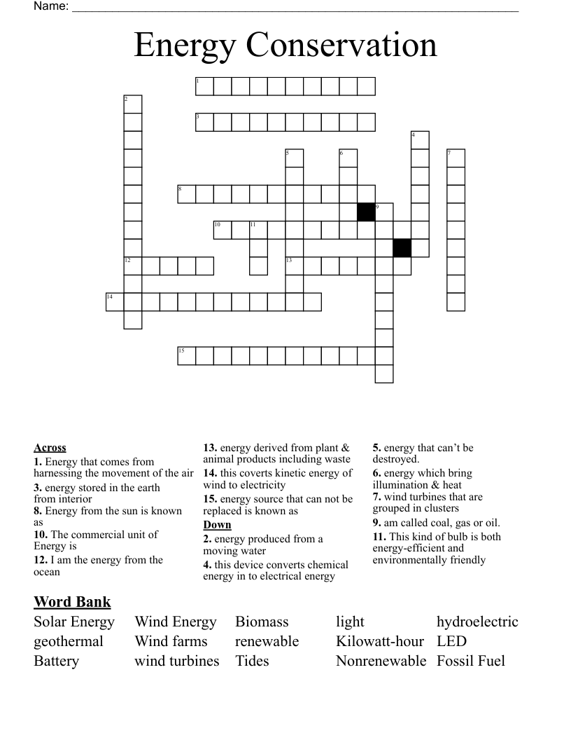 Energy Conservation  Crossword
