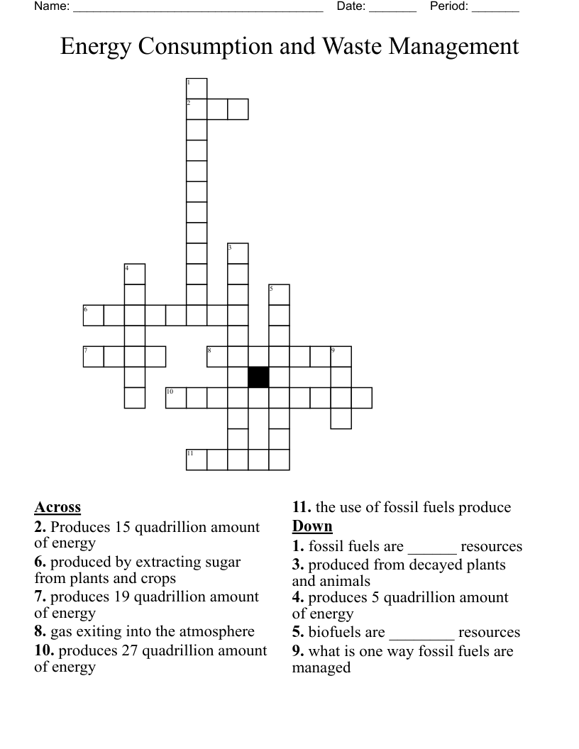 Energy Consumption and Waste Management Crossword