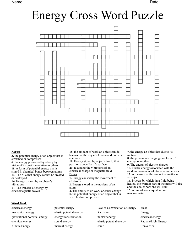 Energy Cross Word Puzzle 