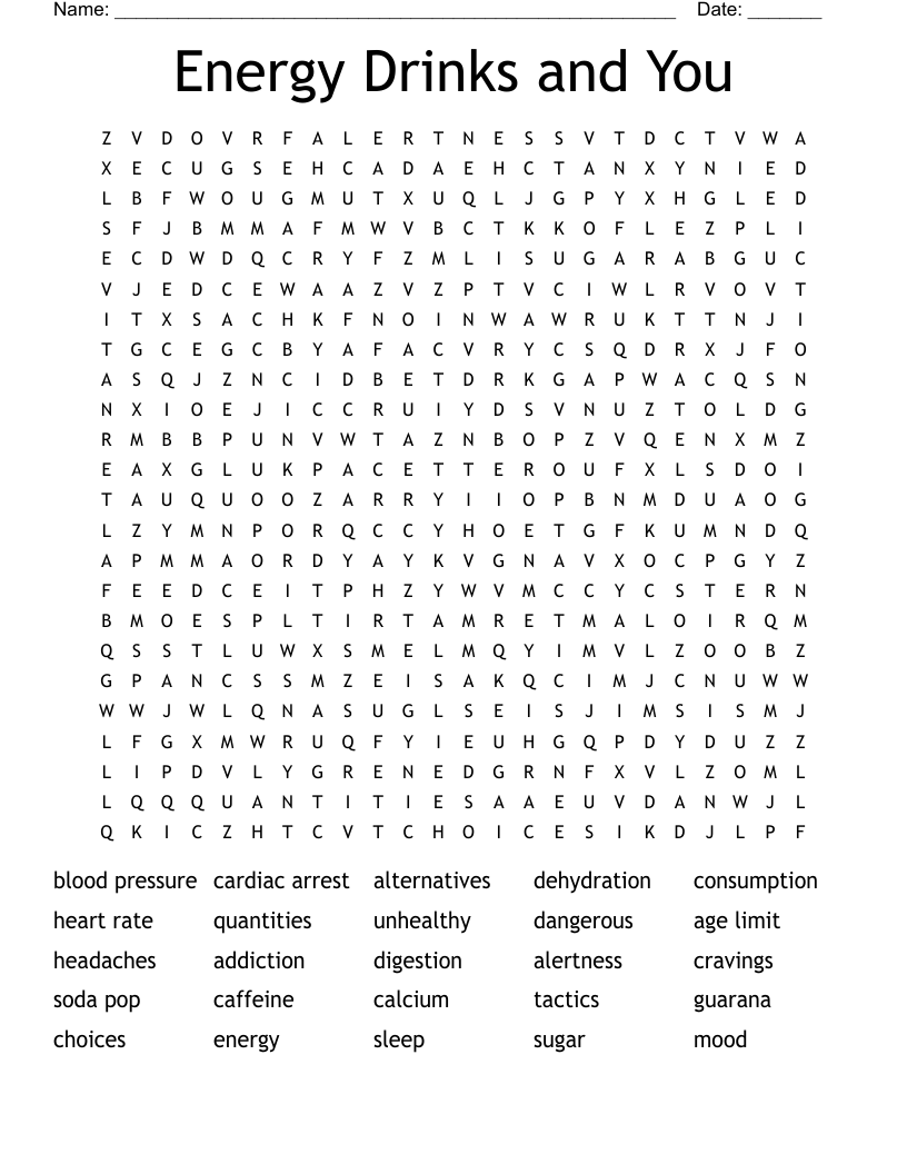 Energy Drinks and You Word Search