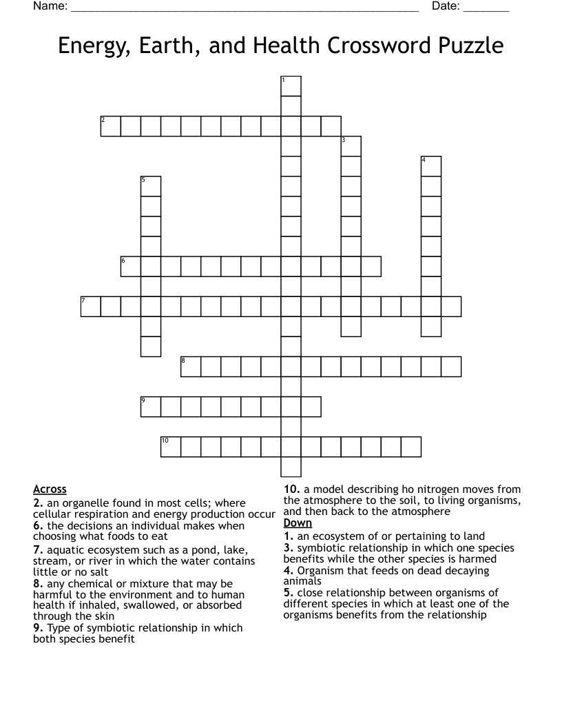 Energy, Earth, and Health Crossword Puzzle