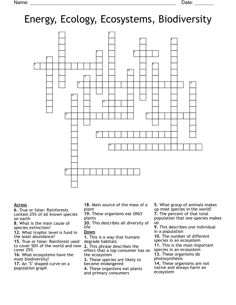 Energy, Ecology, Ecosystems, Biodiversity Crossword