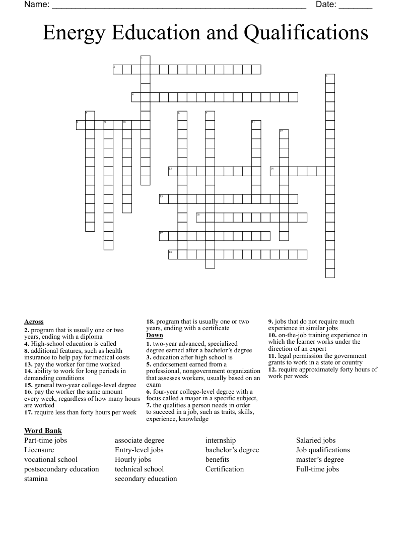 Energy Education and Qualifications Crossword
