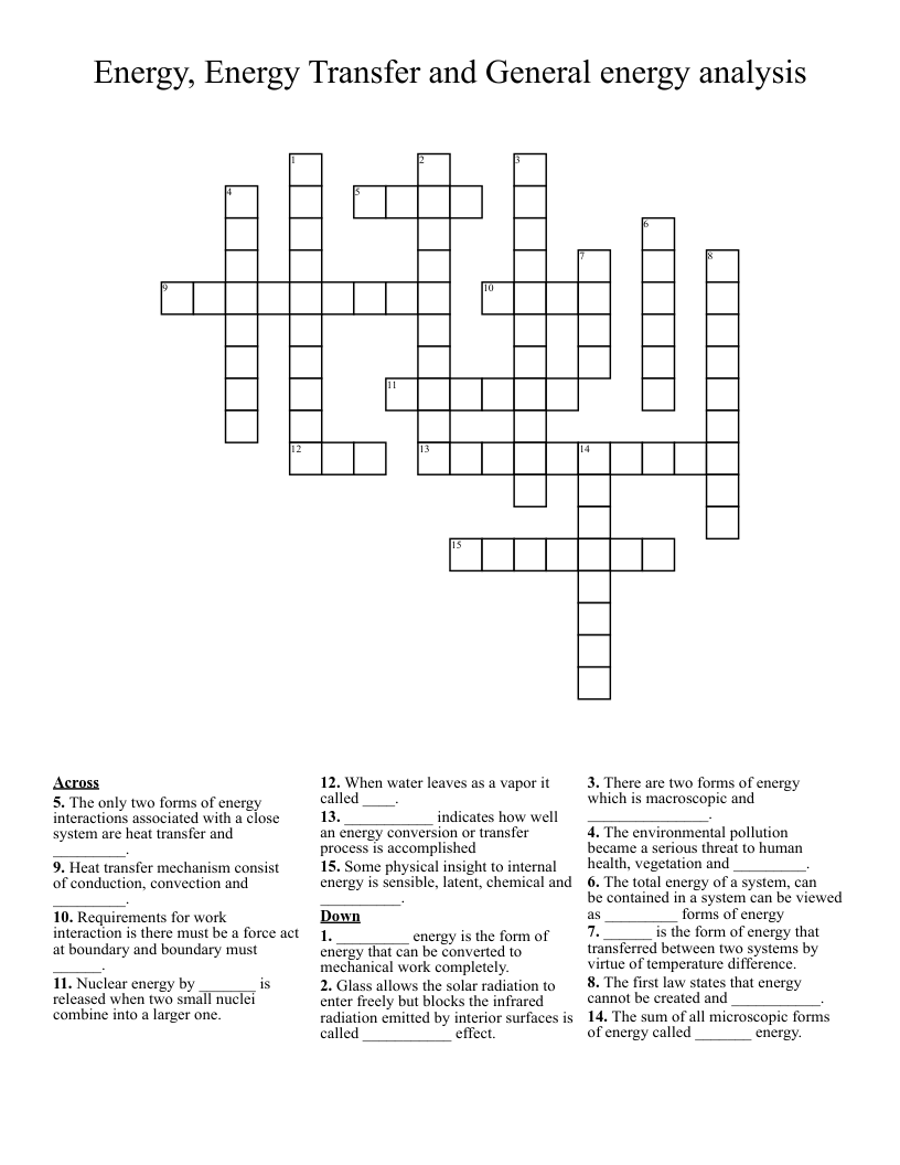 Energy, Energy Transfer and General energy analysis Crossword
