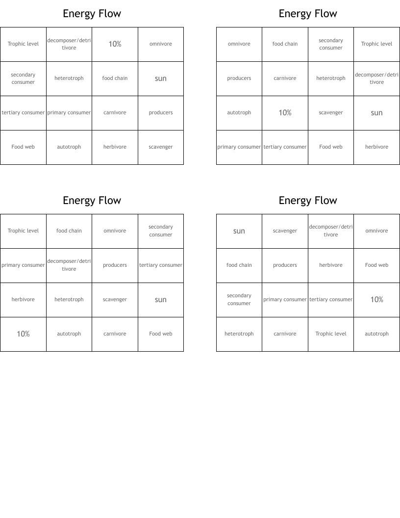 Energy Flow Bingo Cards