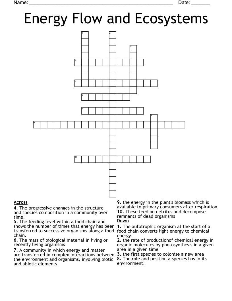 Energy Flow and Ecosystems Crossword