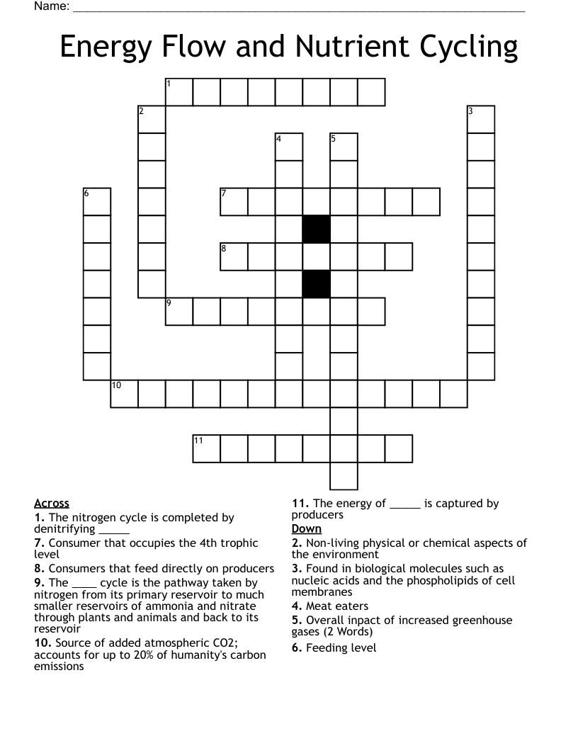 Energy Flow and Nutrient Cycling Crossword