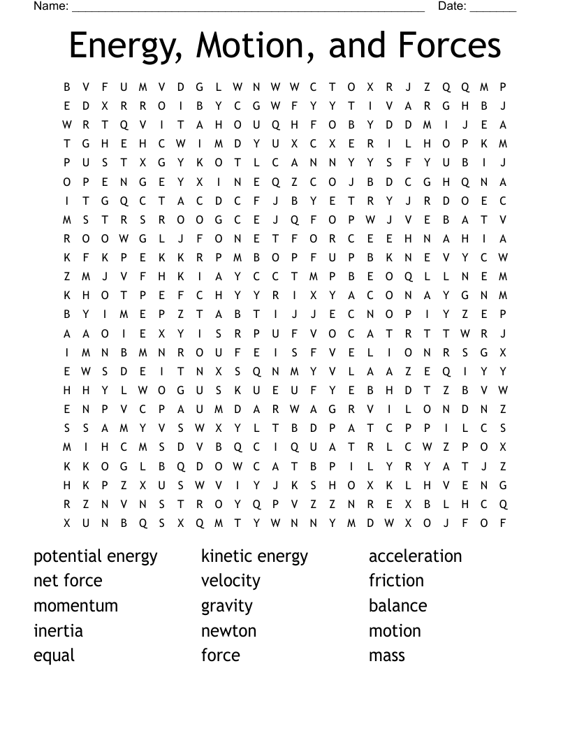 Energy, Motion, and Forces Word Search