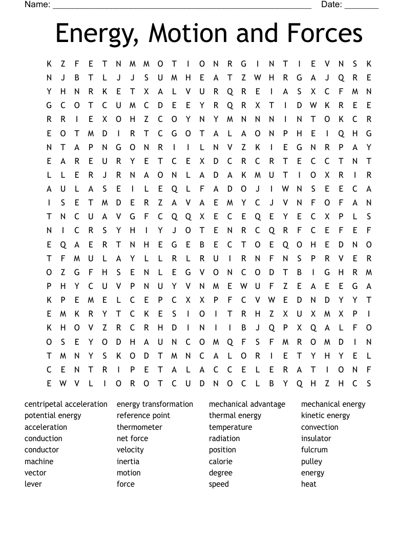 Energy, Motion and Forces Word Search