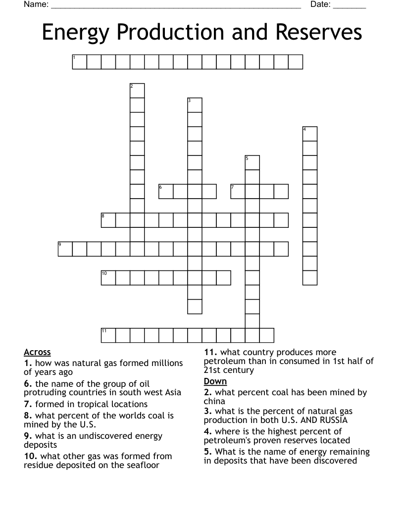 Energy Production and Reserves Crossword