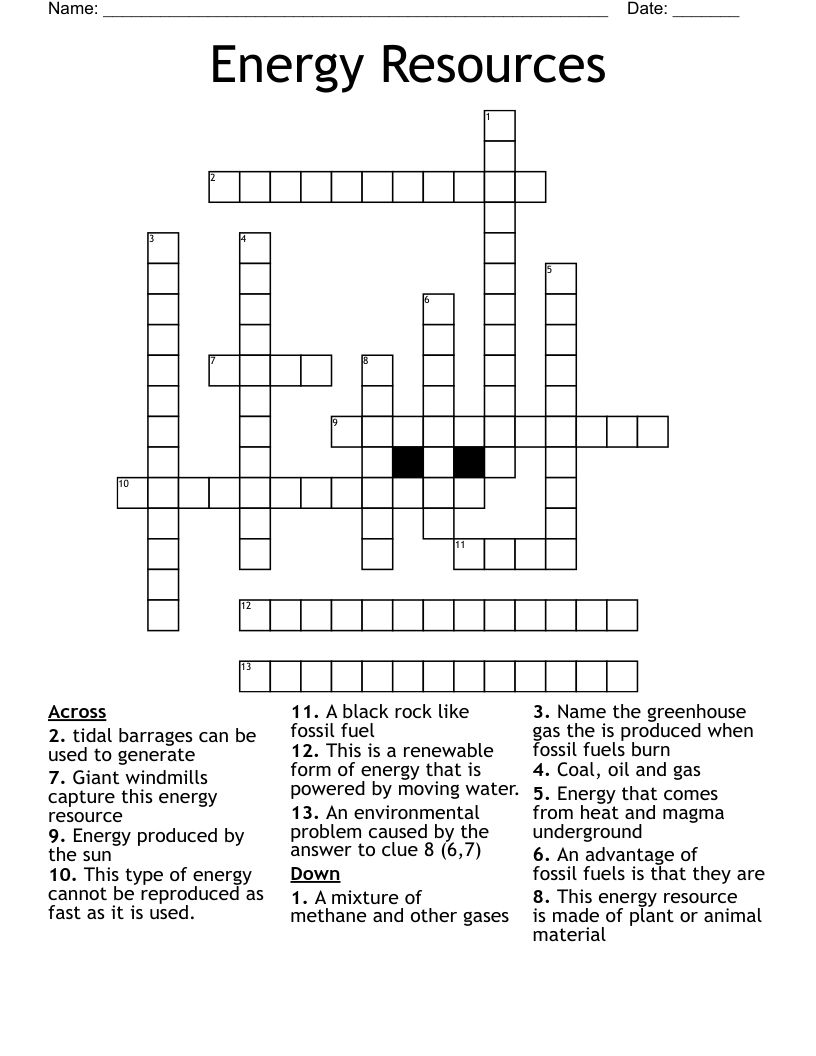 Energy Resources Crossword