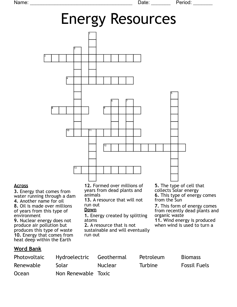 Energy Resources Crossword