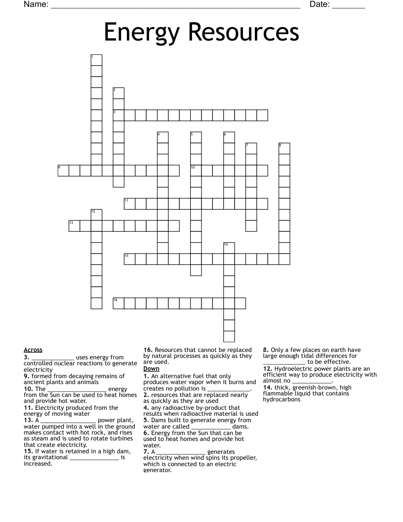 Energy Resources Crossword