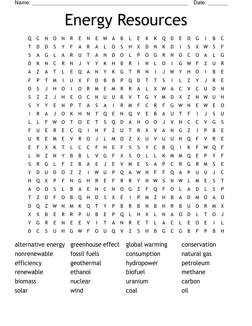 Energy Resources Word Search