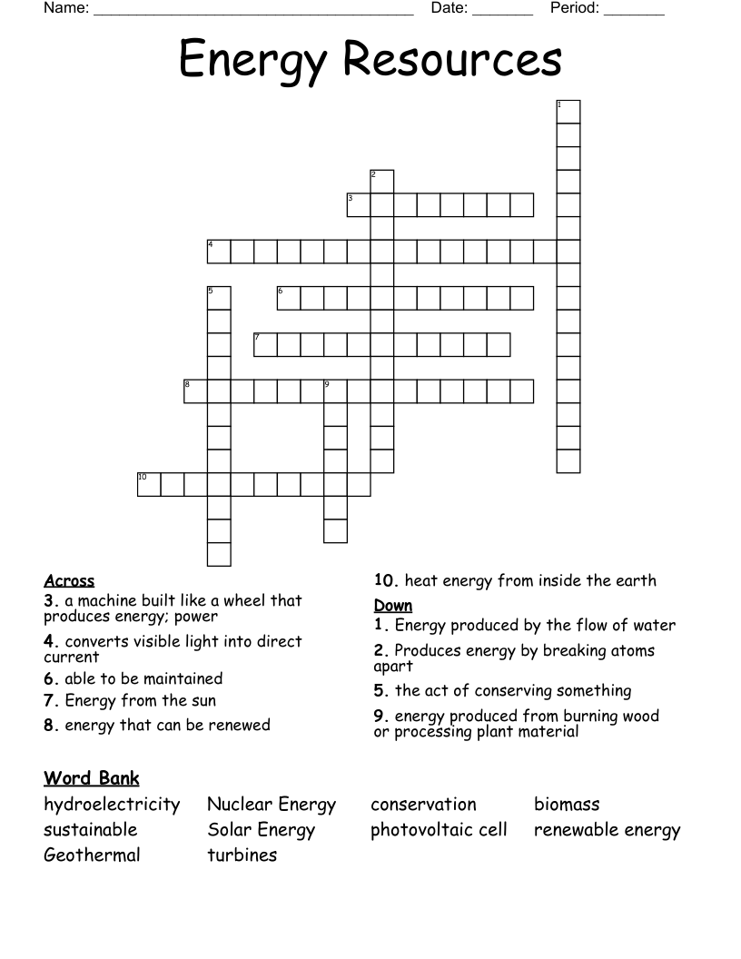 Energy Resources Crossword