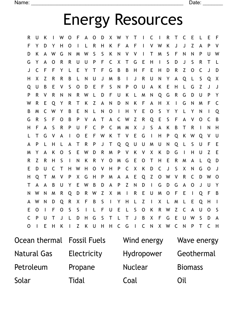 Energy Resources Word Search