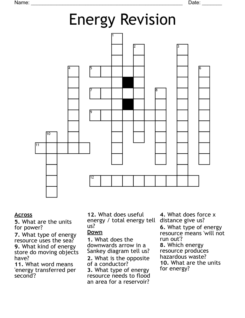 Energy Revision Crossword