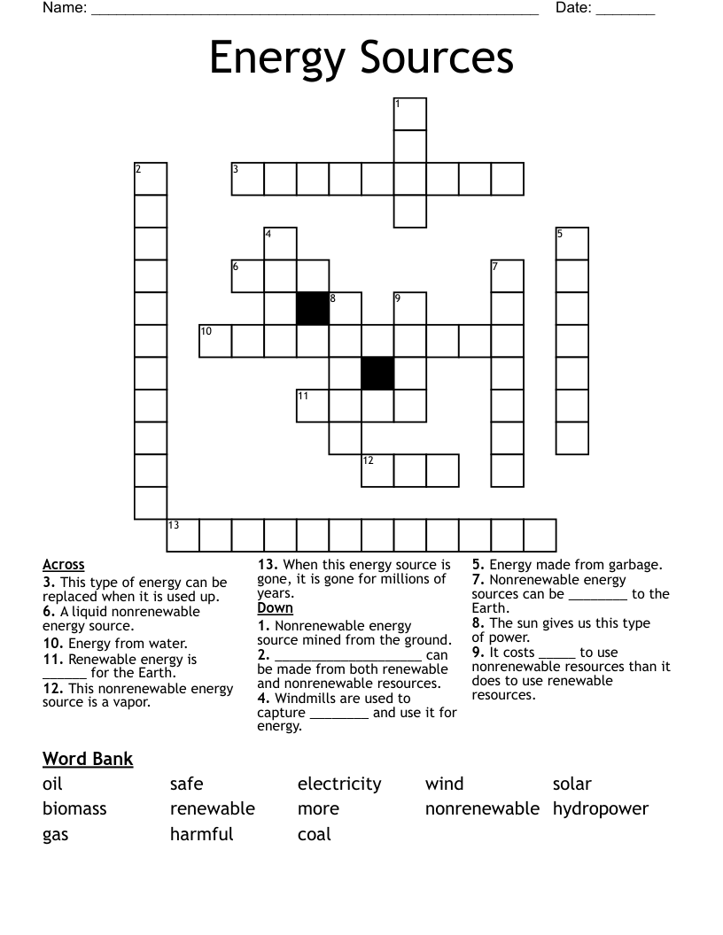 Energy Sources Crossword