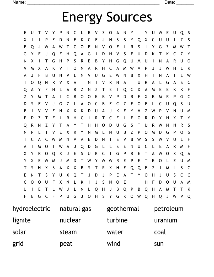 Energy Sources Word Search