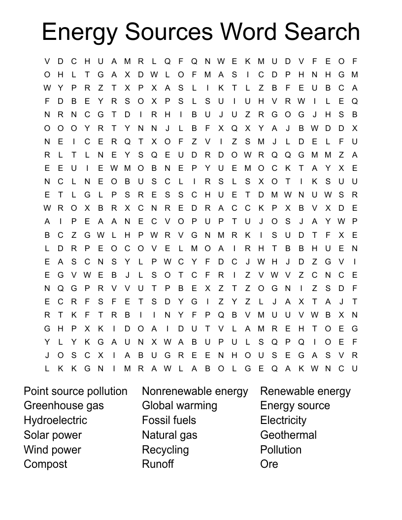 Energy Sources Word Search