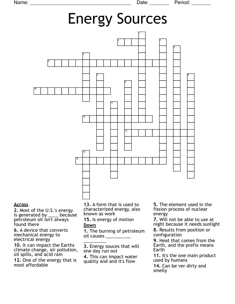 Energy Sources  Crossword