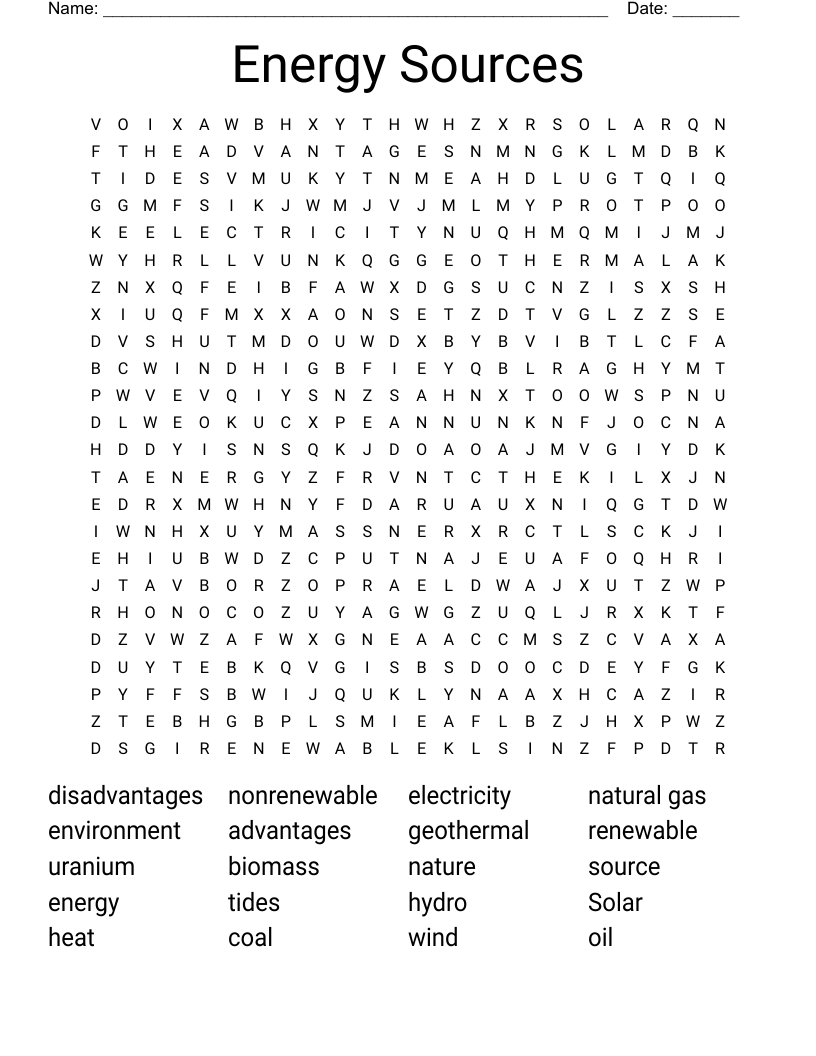 Energy Sources  Word Search