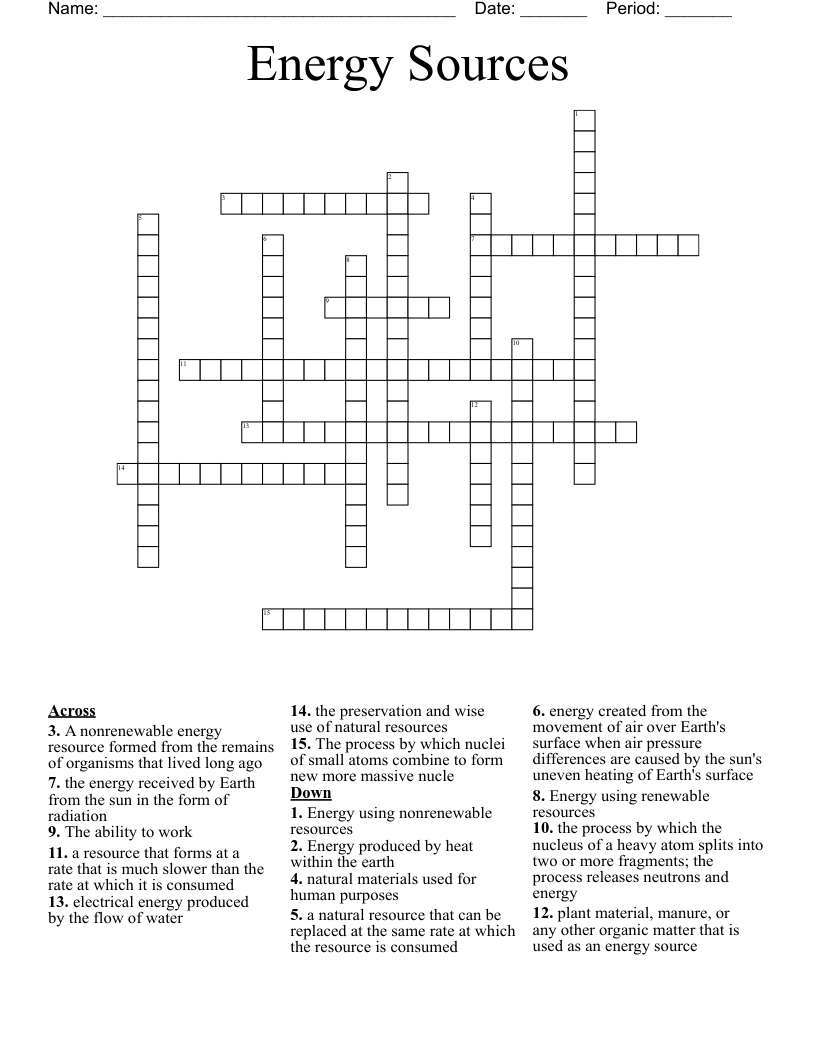 Energy Sources  Crossword