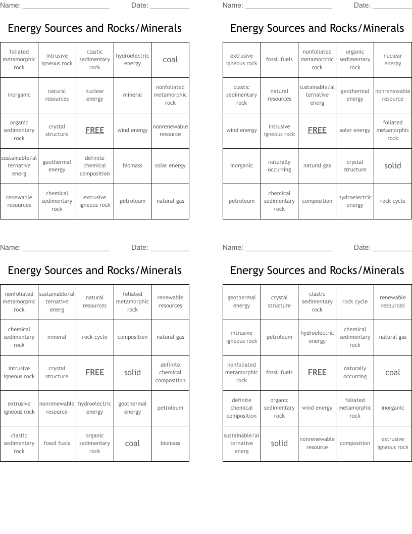 Energy Sources and Rocks/Minerals Bingo Cards