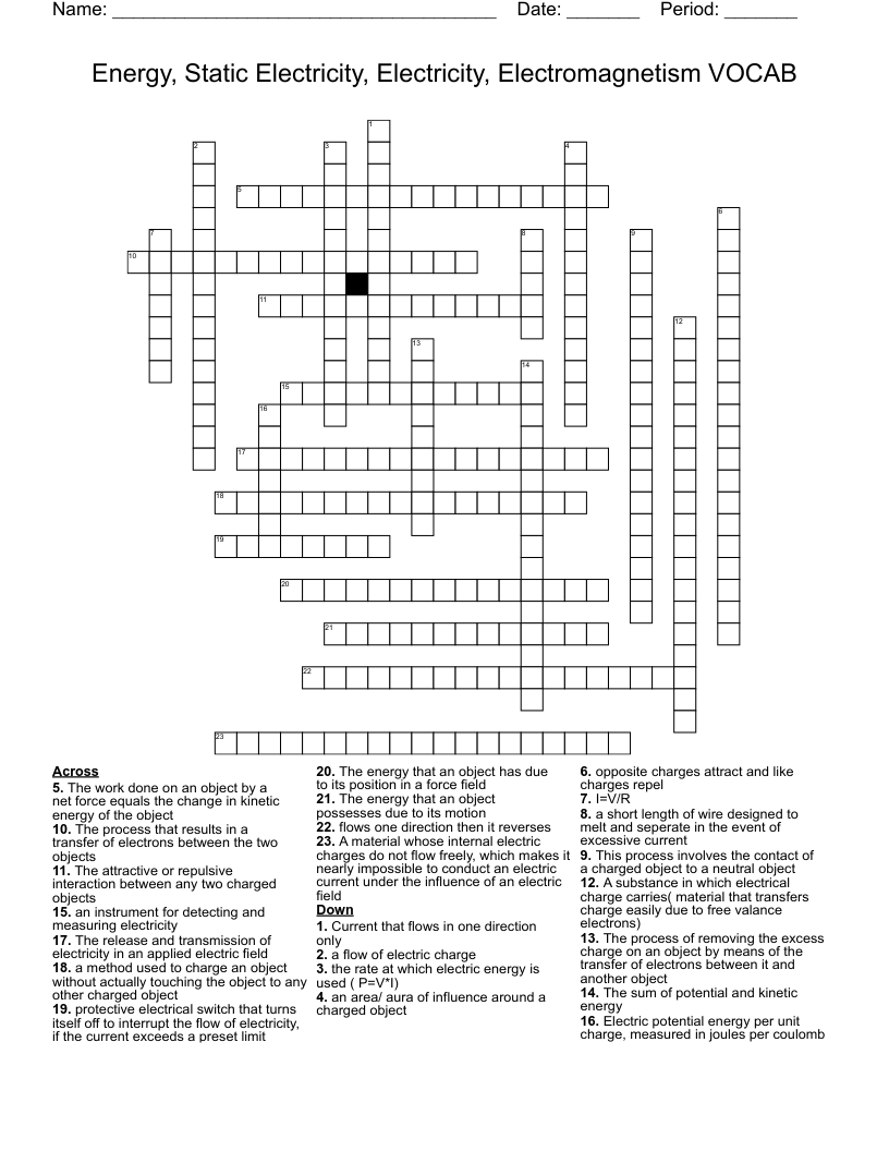 Energy, Static Electricity, Electricity, Electromagnetism VOCAB Crossword