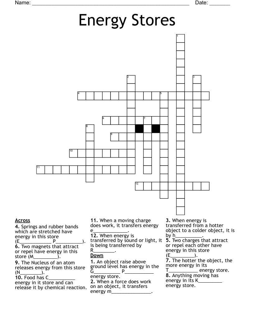 Energy Stores Crossword