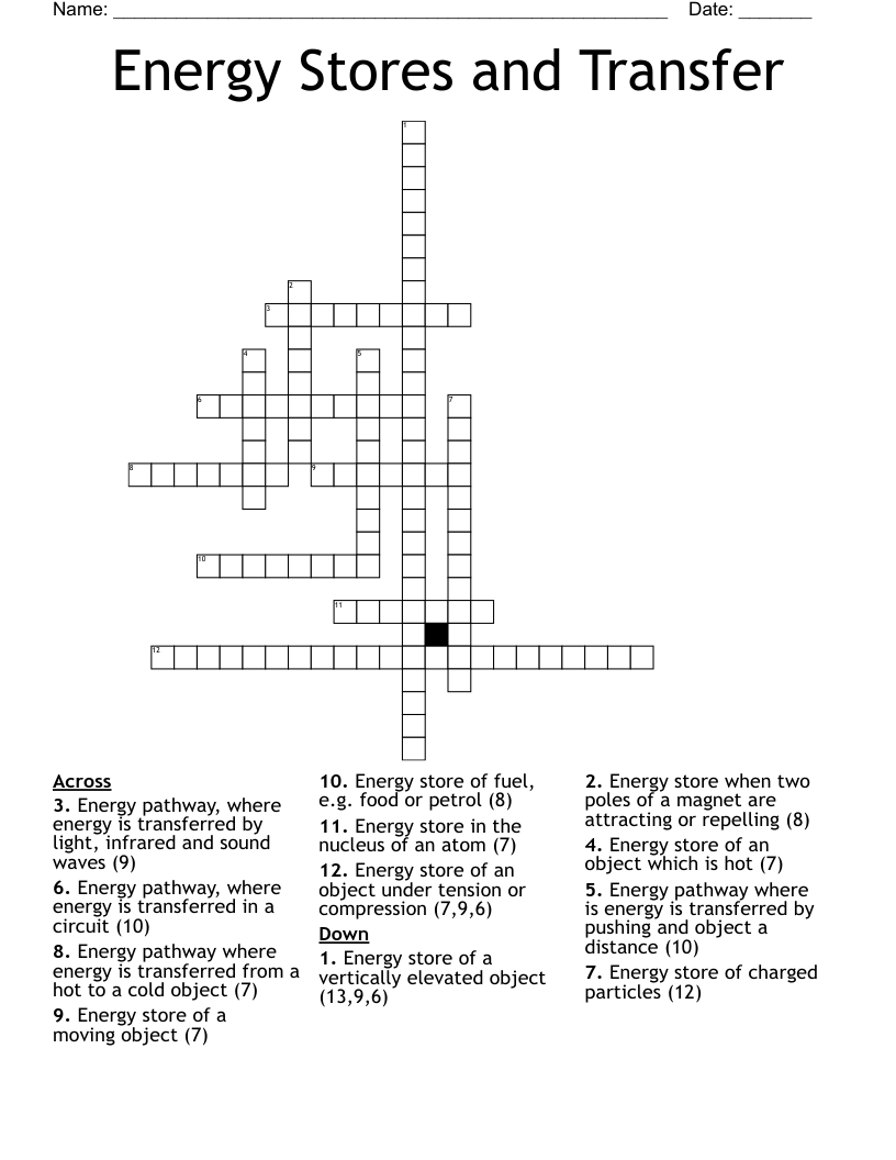 Energy Stores and Transfer Crossword