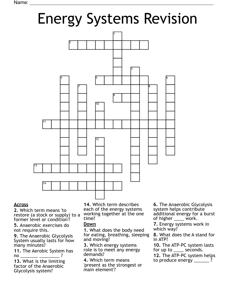 Energy Systems Revision Crossword