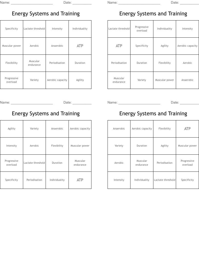 Energy Systems and Training  Bingo Cards