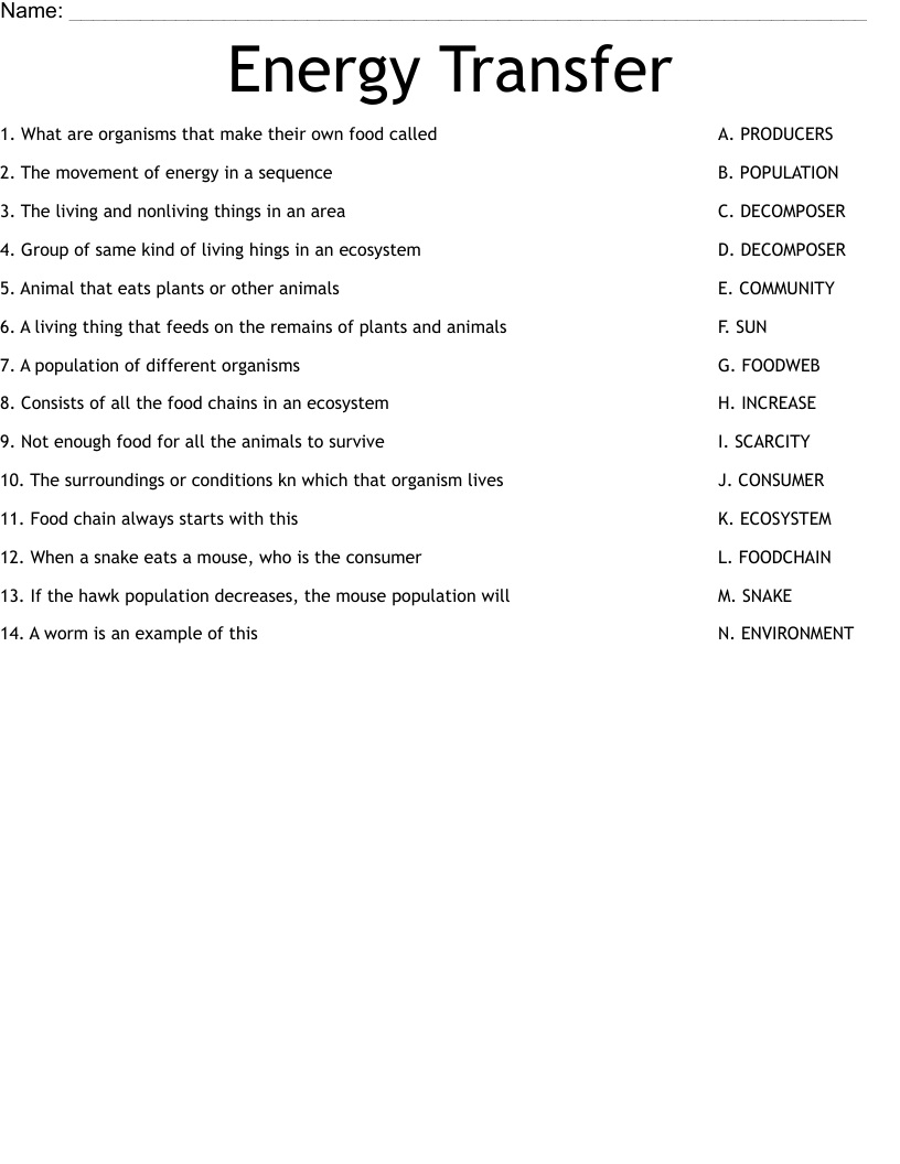 Energy Transfer Worksheet